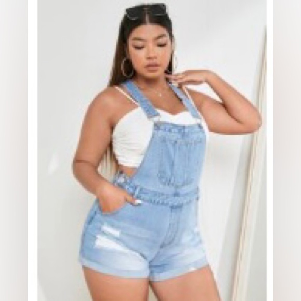 Plus Roll Hem Denim Overall Romper
